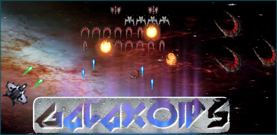 Galaxoids opening title, Galaxian, Galaga style
